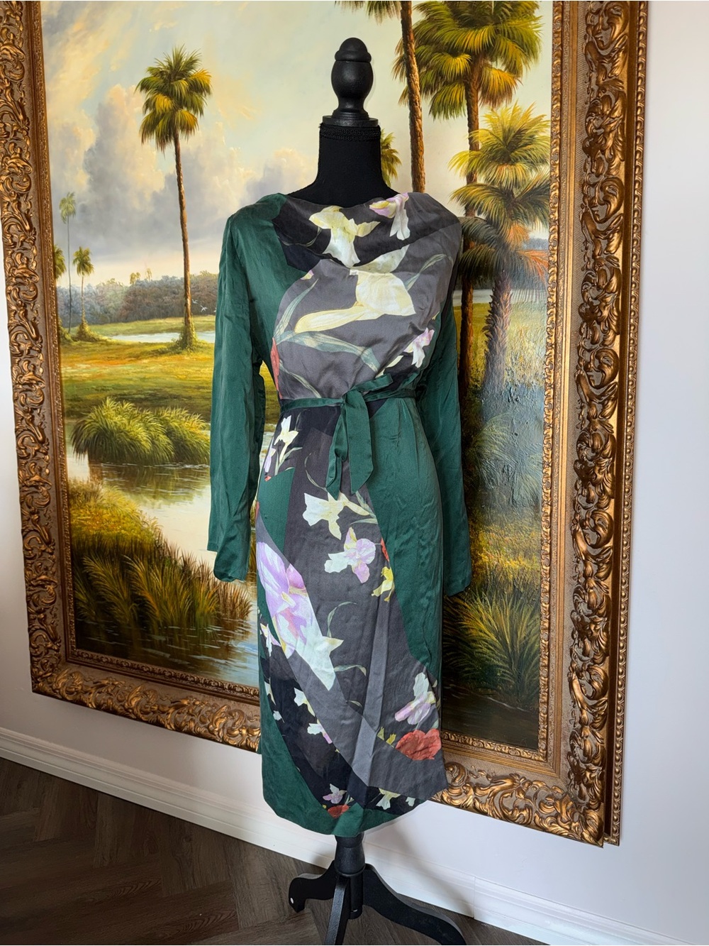 Dries Van Noten Silk Wrap Dress Floral Colorblock Long Sleeve Designer